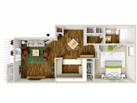 Floor plan for 1 bed, 1 bath, 629 sqft